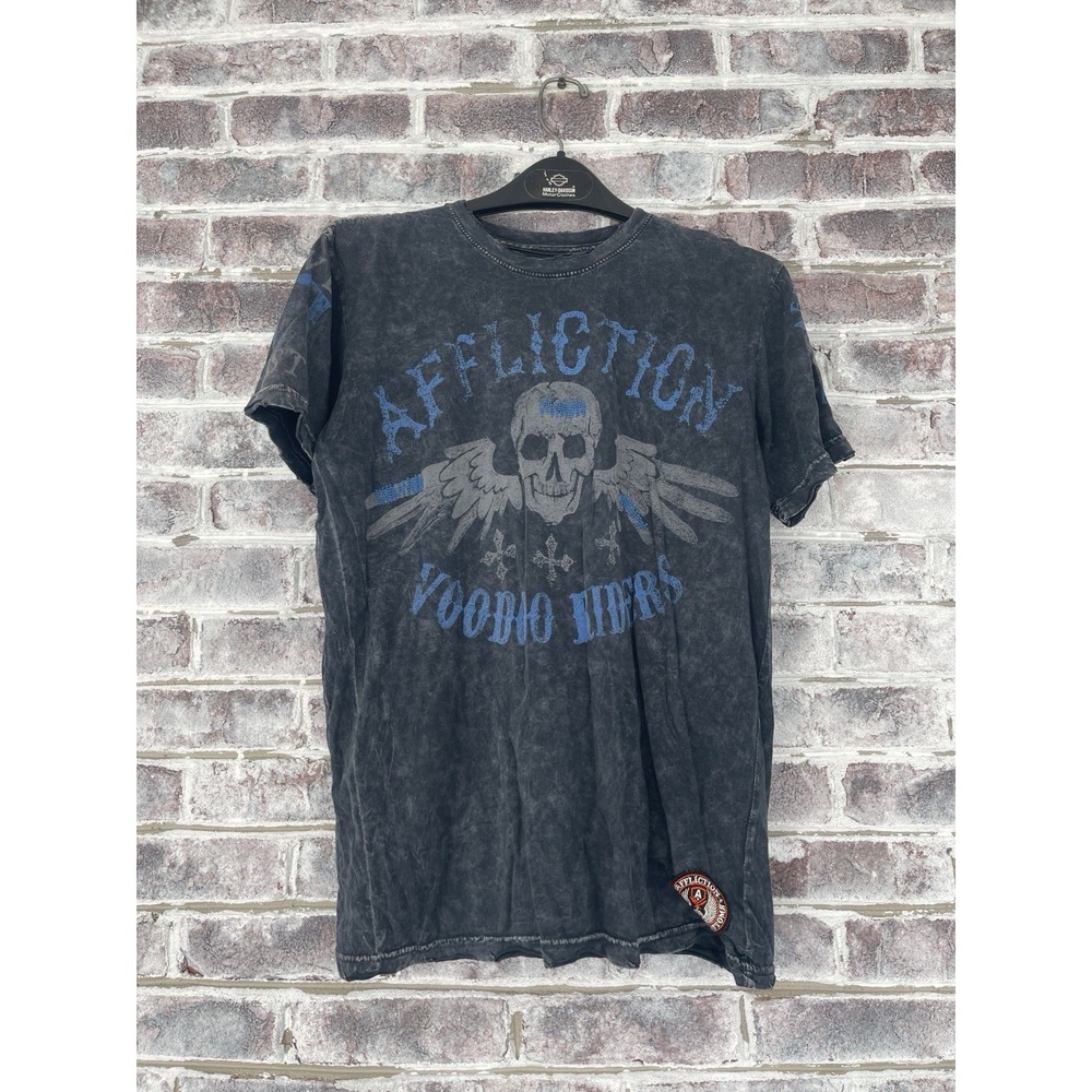 Affliction Voodoo Riders Shirt Men's Size M Blue Y2K Skull Wings Distressed